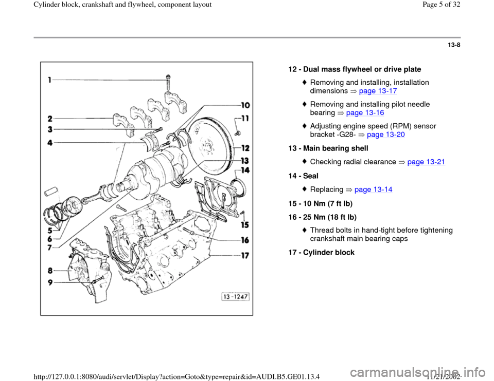 AUDI A4 1997 B5 / 1.G AFC Engine Cylinder Block Crankshaft And Flywheel Component Assembly Manual 13-8
 
  
12 - 
Dual mass flywheel or drive plate 
Removing and installing, installation 
dimensions  page 13
-17
 
Removing and installing pilot needle 
bearing  page 13
-16
 
Adjusting engine speed 