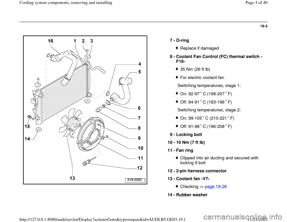 AUDI A4 1999 B5 / 1.G AHA ATQ Engines Cooling System Components Workshop Manual 19-3
 
  
7 - 
O-ring 
Replace if damaged
8 - 
Coolant Fan Control (FC) thermal switch -
F18- 35 Nm (26 ft lb)For electric coolant fan
  Switching temperatures, stage 1:On: 92-97 C (198-207 F)Off: 84-