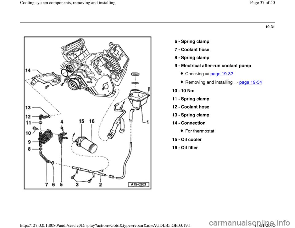 AUDI A6 1995 C5 / 2.G AHA ATQ Engines Cooling System Components Workshop Manual 19-31
 
  
6 - 
Spring clamp 
7 - 
Coolant hose 
8 - 
Spring clamp 
9 - 
Electrical after-run coolant pump 
Checking  page 19
-32
Removing and installing   page 19
-34
10 - 
10 Nm 
11 - 
Spring clamp 