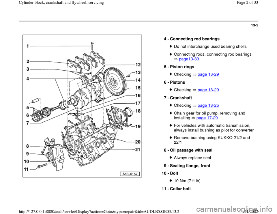 AUDI A8 1998 D2 / 1.G AHA ATQ Engines Cylinder Block Crankshaft And Flywheel Component Service Manual 13-5
 
  
4 - 
Connecting rod bearings 
Do not interchange used bearing shellsConnecting rods, connecting rod bearings 
 page13
-33
 
5 - 
Piston rings 
Checking  page 13
-29
6 - 
Pistons 
Checking  p