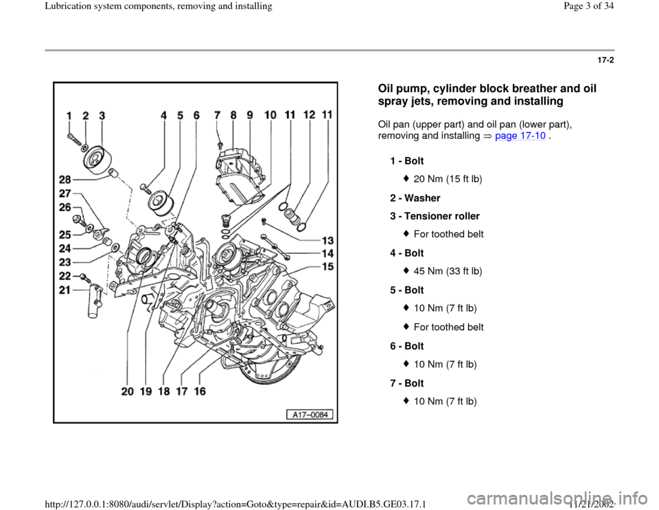 AUDI A8 1995 D2 / 1.G AHA ATQ Engines Lubrication System Components Workshop Manual 17-2
 
  
Oil pump, cylinder block breather and oil 
spray jets, removing and installing
 
Oil pan (upper part) and oil pan (lower part), 
removing and installing   page 17
-10
 .  
1 - 
Bolt 
20 Nm (