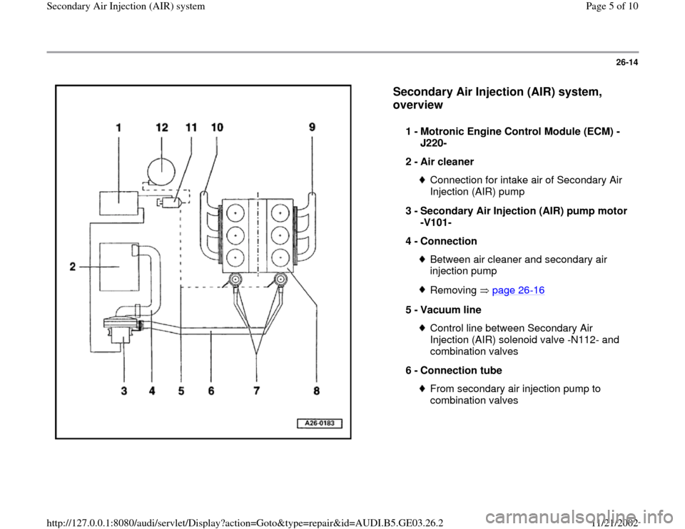 AUDI A8 1997 D2 / 1.G AHA ATQ Engines Secondary Air System Workshop Manual 26-14
 
  
Secondary Air Injection (AIR) system, 
overview
 
1 - 
Motronic Engine Control Module (ECM) -
J220- 
2 - 
Air cleaner 
Connection for intake air of Secondary Air 
Injection (AIR) pump 
3 - 