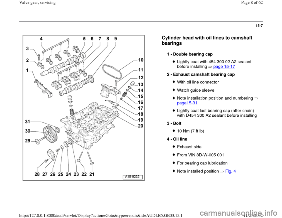 AUDI A6 1997 C5 / 2.G AHA ATQ Engines Valve Gear Service Manual 15-7
 
  
Cylinder head with oil lines to camshaft 
bearings
 
1 - 
Double bearing cap 
Lightly coat with 454 300 02 A2 sealant 
before installing   page 15
-17
 
2 - 
Exhaust camshaft bearing cap 
Wi