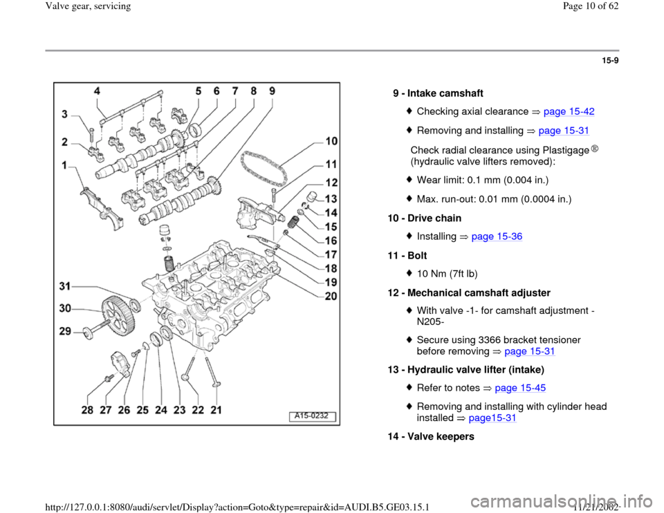 AUDI A8 1996 D2 / 1.G AHA ATQ Engines Valve Gear Service Manual 15-9
 
  
9 - 
Intake camshaft 
Checking axial clearance   page 15
-42
Removing and installing   page 15
-31
  
Check radial clearance using Plastigage  
(hydraulic valve lifters removed): 
Wear limit