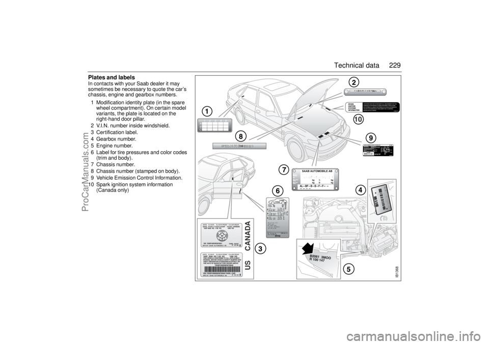SAAB 9-3 2000  Owners Manual 229 Technical data
Plates and labelsIn contacts with your Saab dealer it may 
sometimes be necessary to quote the car’s 
chassis, engine and gearbox numbers. 
1 Modification identity plate (in the s