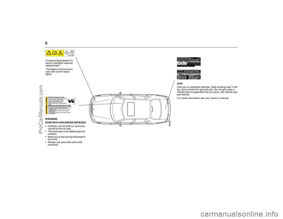 SAAB 9-5 2007  Owners Manual 8
IB336
WARNING
EVEN WITH ADVANCED AIR BAGS
 Children can be killed or seriously 
injured by the air bag.
 The back seat is the safest place for 
children.
 Never put a rear-facing child seat in 
the 
