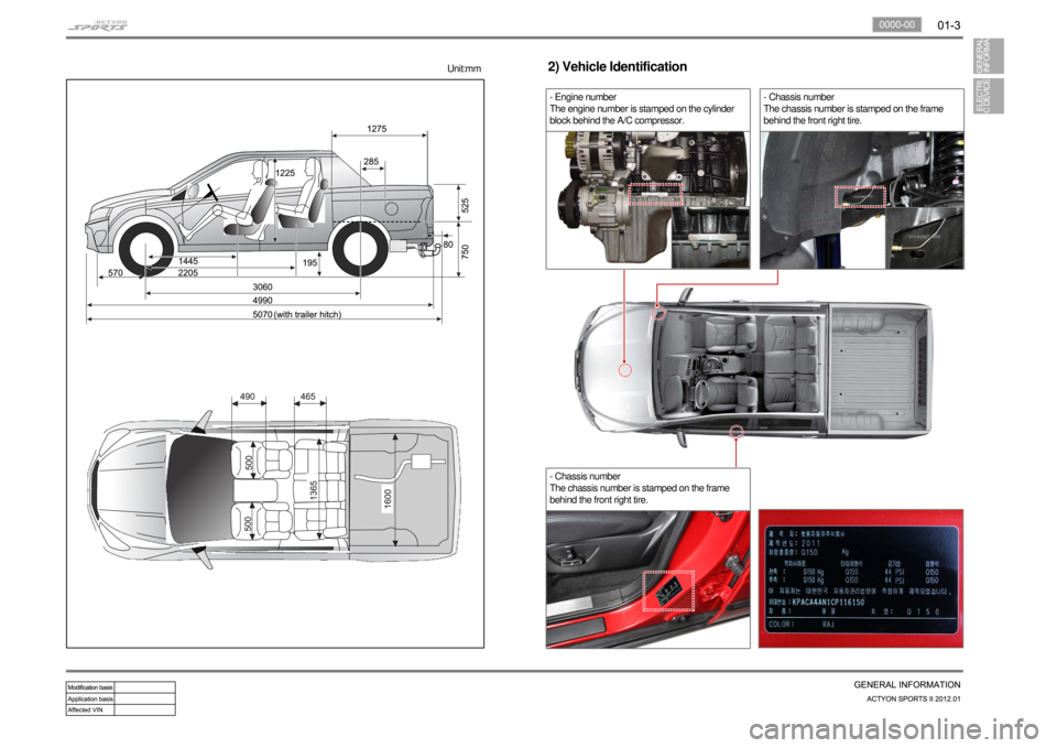 SSANGYONG NEW ACTYON SPORTS 2012  Service Manual - Chassis number
The chassis number is stamped on the frame 
behind the front right tire.
- Engine number
The engine number is stamped on the cylinder 
block behind the A/C compressor.2) Vehicle Ident