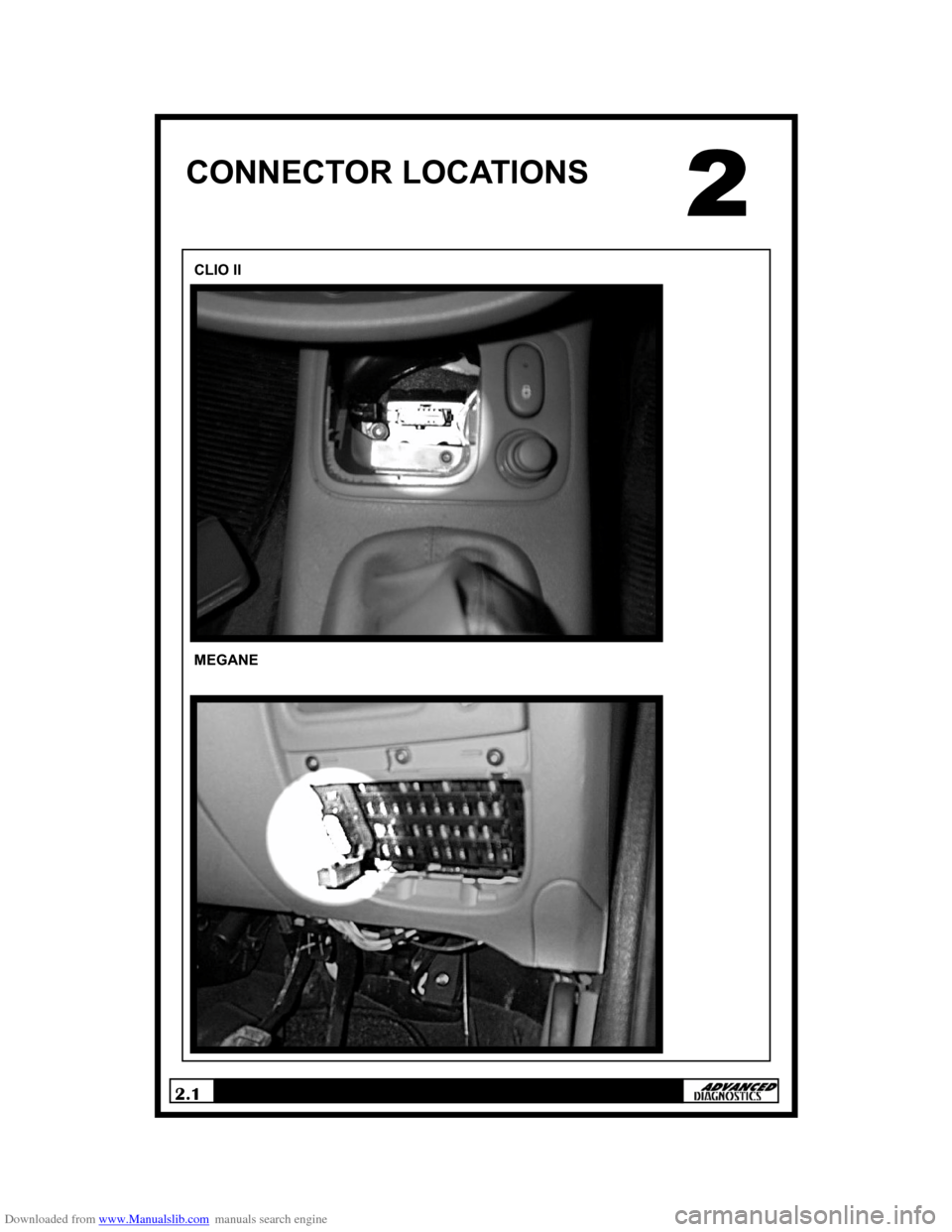 RENAULT KANGOO 1997 KC / 1.G Anti Theft System Manual Downloaded from www.Manualslib.com manuals search engine 2.1 
CONNECTOR LOCATIONS 
CLIO II 
MEGANE   