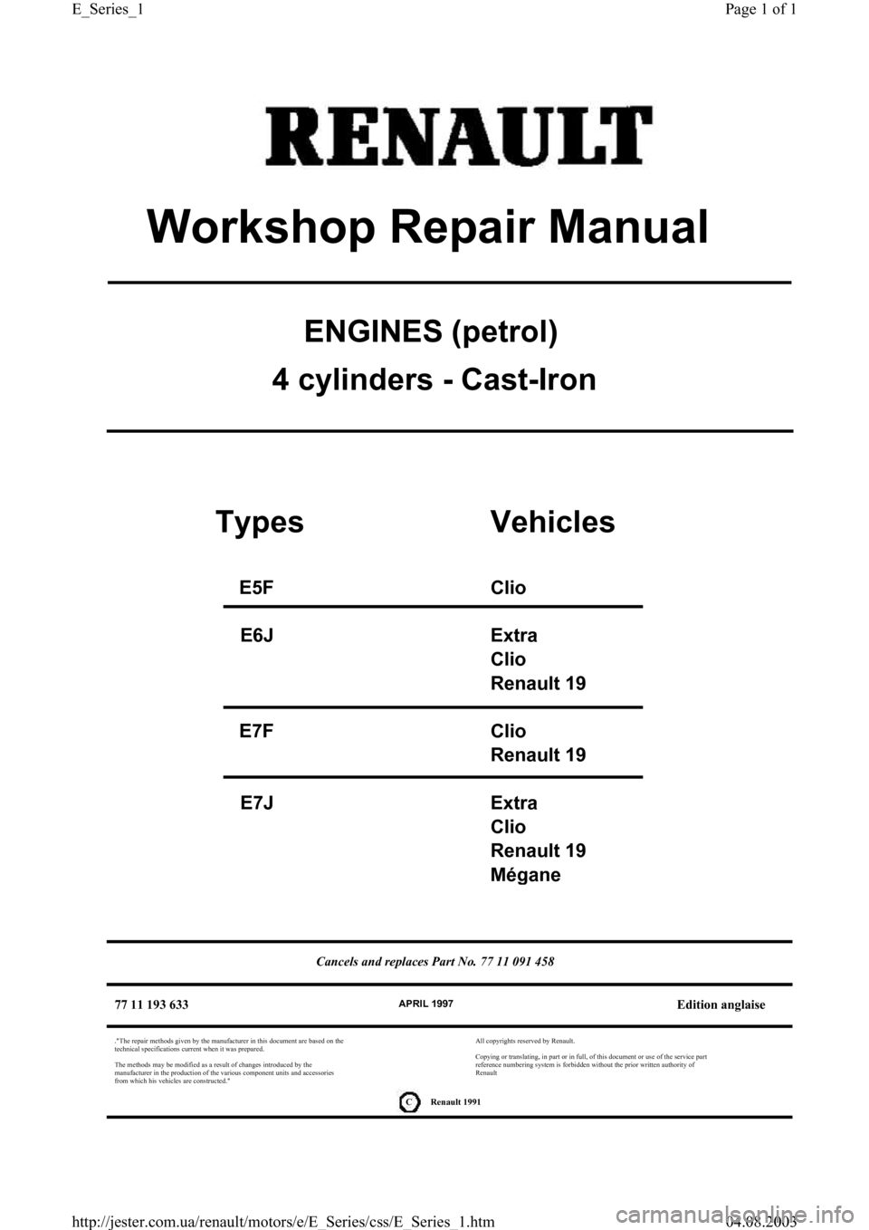 RENAULT CLIO 1997 X57 / 1.G Petrol Engines Workshop Manual Renault 1991
ENGINES (petrol)
4 cylinders - Cast-Iron
Types Vehicles
E5F Clio
E6J Extra
Clio
Renault 19
E7F Clio
Renault 19
E7J Extra
Clio
Renault 19
Mé
gane
77 11 193 633APRIL 1997Edition anglaise
.