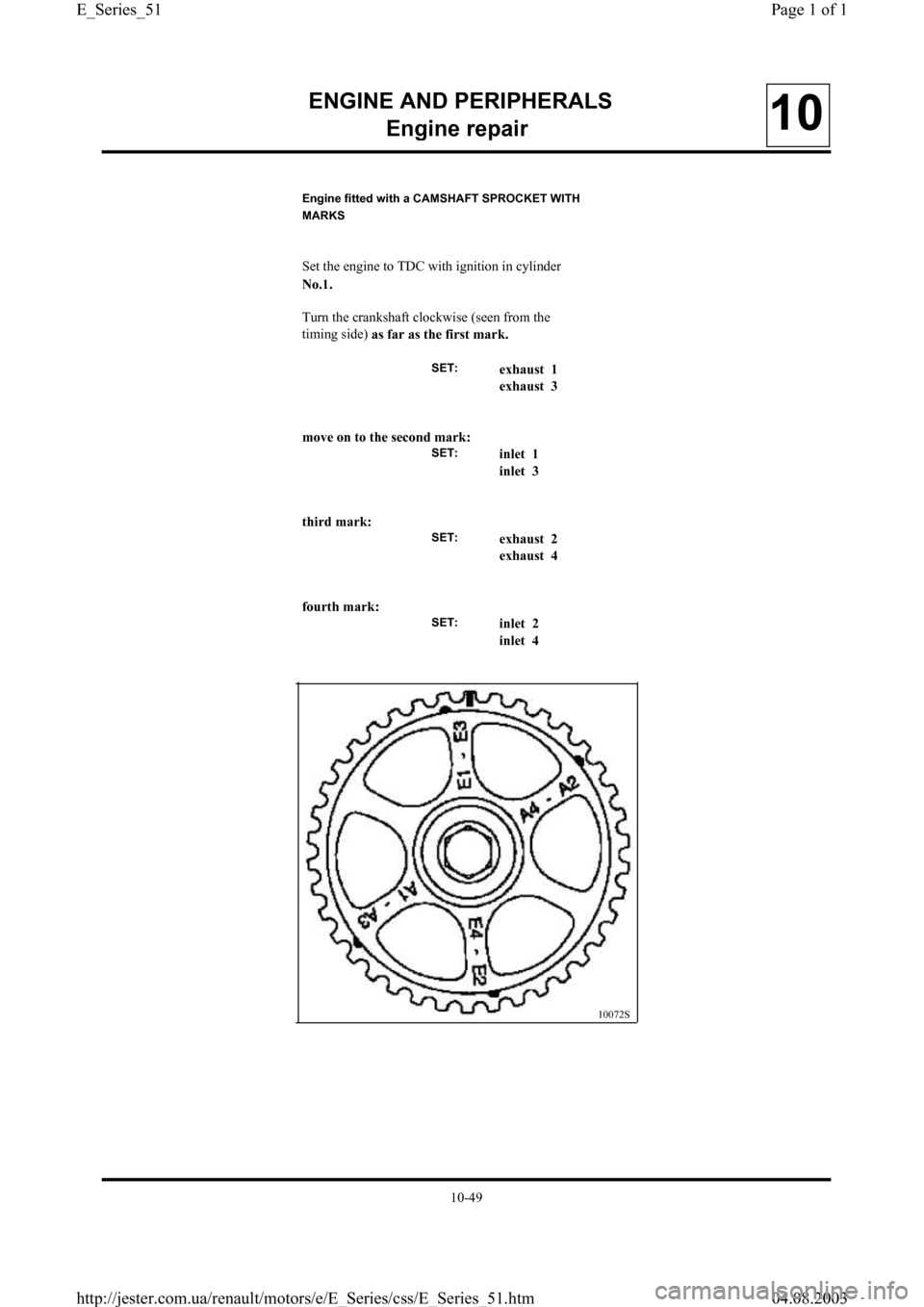 RENAULT CLIO 1997 X57 / 1.G Petrol Engines Repair Manual Engine fitted with a CAMSHAFT SPROCKET WITH
MARKS
Set the engine to TDC with ignition in cylinder
No.1.
Turn the crankshaft clockwise 
(seen from the
timing side) 
as far as the first mark.
SET:exhaus