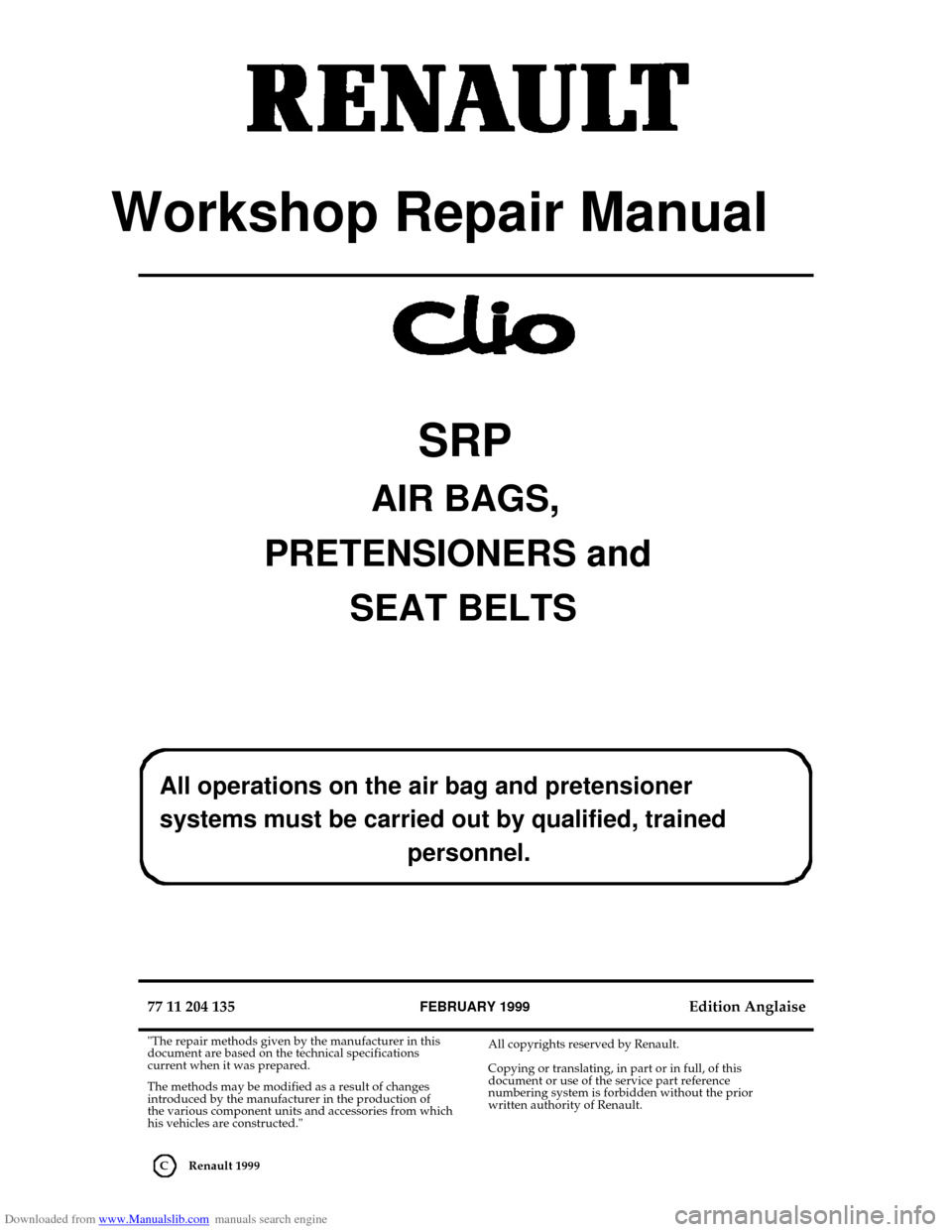 RENAULT CLIO 1999 X65 / 2.G Air Bag And Seat Belts Workshop Manual 