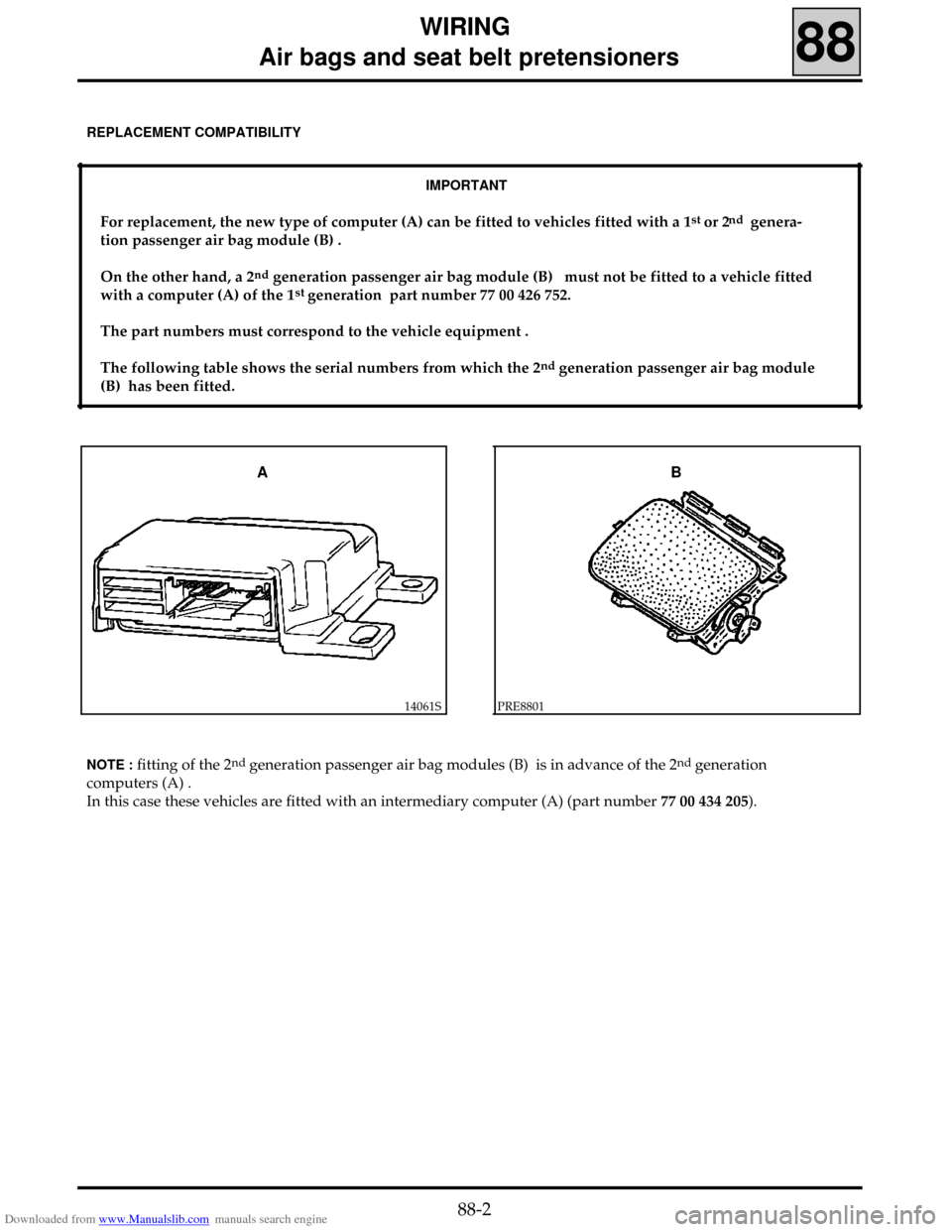 RENAULT CLIO 1999 X65 / 2.G Air Bag And Seat Belts Workshop Manual Downloaded from www.Manualslib.com manuals search engine WIRING
     Air bags and seat belt pretensioners
88
IMPORTANT
For replacement, the new type of computer (A) can be fitted to vehicles fitted wi