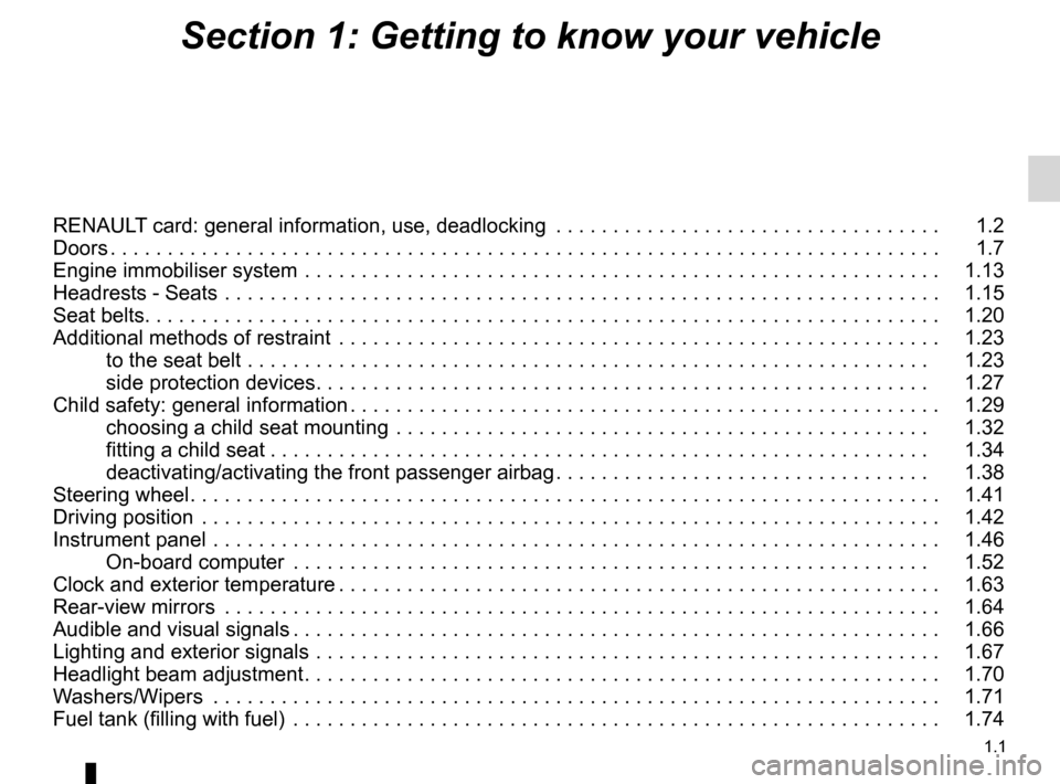 RENAULT ESPACE 2012 J81 / 4.G Owners Manual 1.1
ENG_UD25600_4
Sommaire 1 (X81 - J81 - Renault)
ENG_NU_932-3_X81ph3_Renault_1
Section 1: Getting to know your vehicle
RENAULT card: general information, use, deadlocking  . . . . . . . . . . . . . 