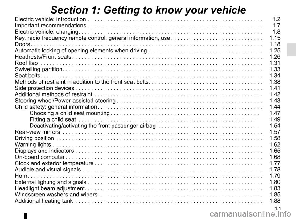 RENAULT KANGOO VAN ZERO EMISSION 2012 X61 / 2.G Owners Manual 1.1
Section 1: Getting to know your vehicle
Electric vehicle: introduction  . . . . . . . . . . . . . . . . . . . . . . . . . . . . . . . . . . . .\
 . . . . . . . . . . . . . . . . . . .   1.2
Import