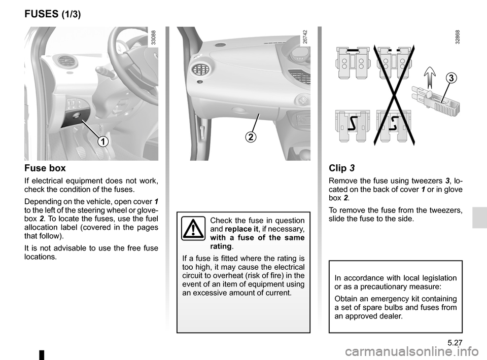 RENAULT TWINGO 2012 2.G Owners Manual fuses ..................................................... (up to the end of the DU)
5.27
ENG_UD24741_10
Fusibles (X44 - Renault)
ENG_NU_952-4_X44_Renault_5
Fuses
Fuse box
If  electrical  equipment  