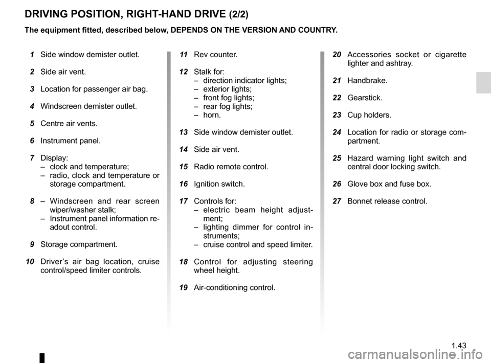 RENAULT TWINGO 2012 2.G Owners Manual JauneNoirNoir texte
1.43
ENG_UD24749_3
Poste de conduite direction à droite (X44 - Renault)
ENG_NU_952-4_X44_Renault_1
DRIVING pOsITION, RIGhT-hAND DRIVE (2/2)
  1  Side window demister outlet.
  2  