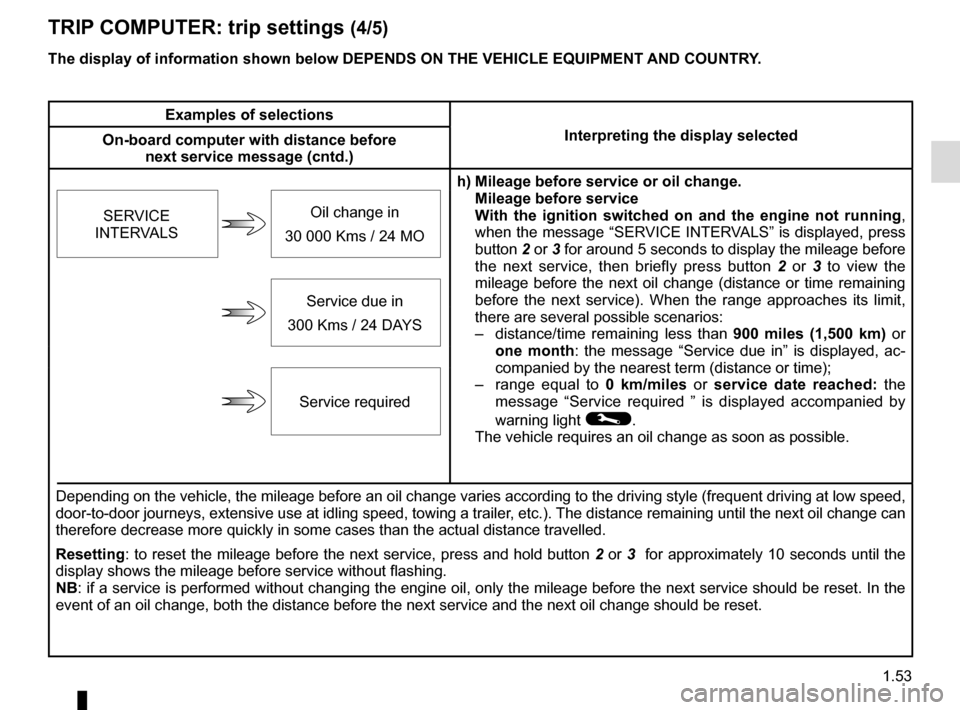 RENAULT CAPTUR 2014 1.G Owners Manual 1.53
TRIP COMPUTER: trip settings (4/5)
The display of information shown below DEPENDS ON THE VEHICLE EQUIPMENT \
AND COUNTRY.
Examples of selectionsInterpreting the display selected
On-board computer