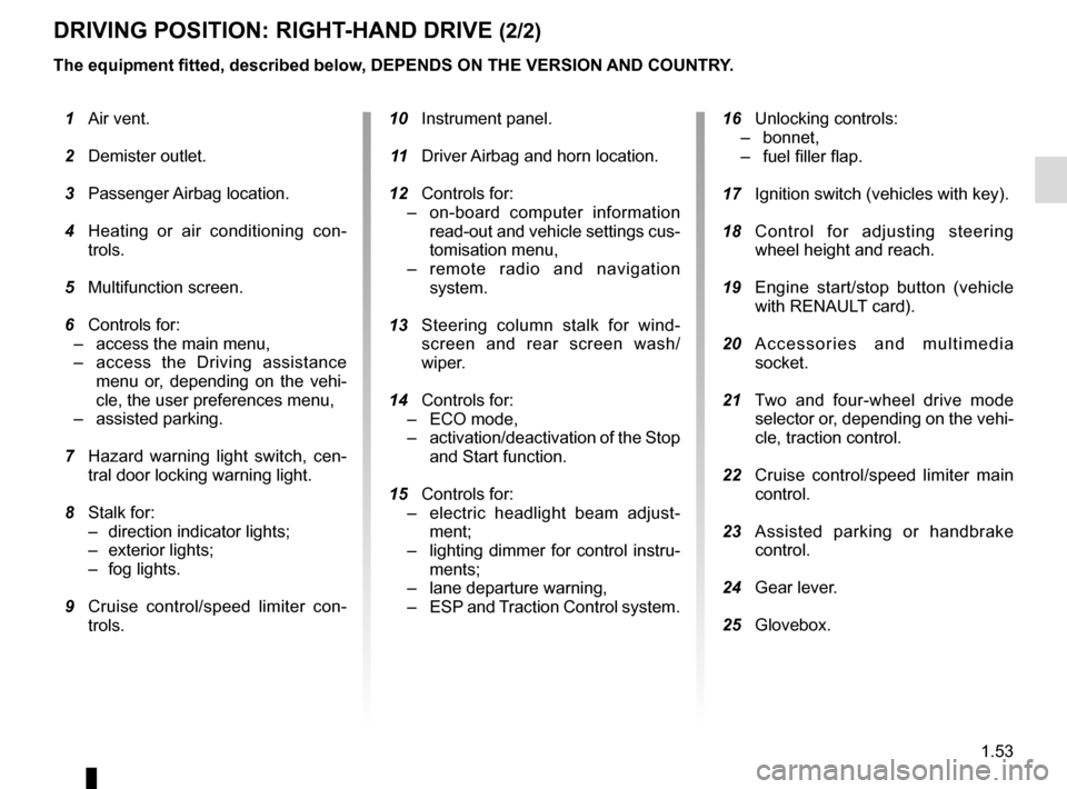 RENAULT KADJAR 2015 1.G Owners Manual 1.53
DRIVING POSITION: RIGHT-HAND DRIVE (2/2)
The equipment fitted, described below, DEPENDS ON THE VERSION AND COUNTRY.
 16 Unlocking controls:
– bonnet,
–  fuel filler flap.
  17  Ignition switc