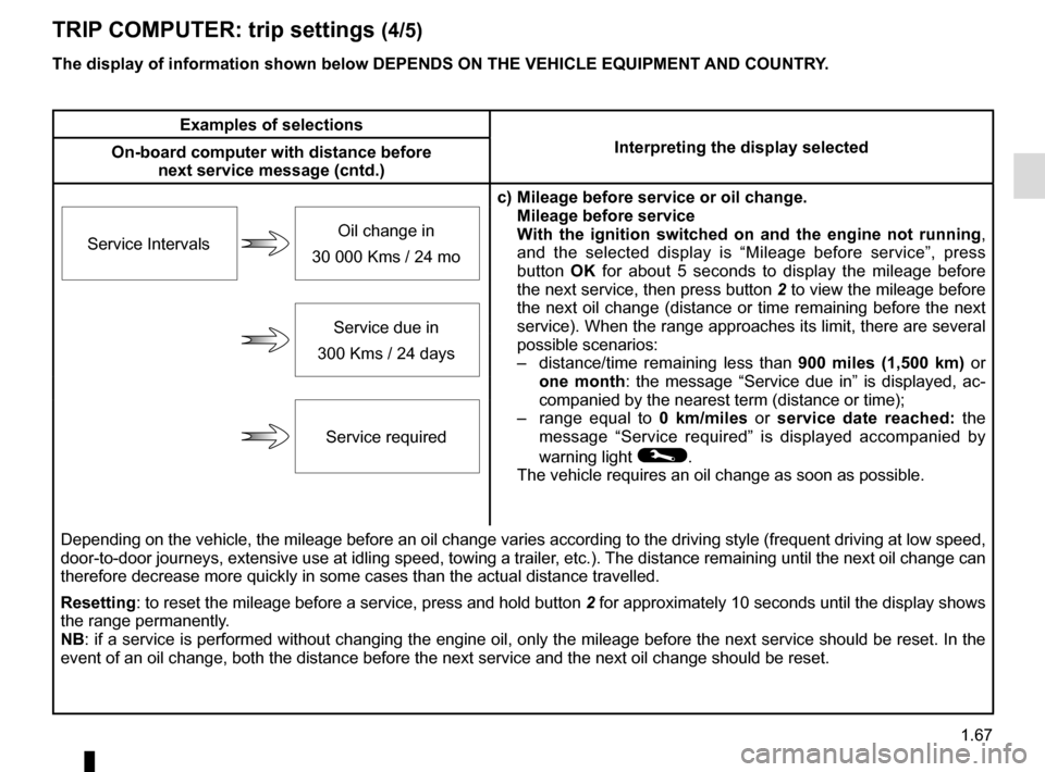 RENAULT KADJAR 2015 1.G Owners Manual 1.67
The display of information shown below DEPENDS ON THE VEHICLE EQUIPMENT \
AND COUNTRY.
TRIP COMPUTER: trip settings (4/5)
Examples of selectionsInterpreting the display selected
On-board computer