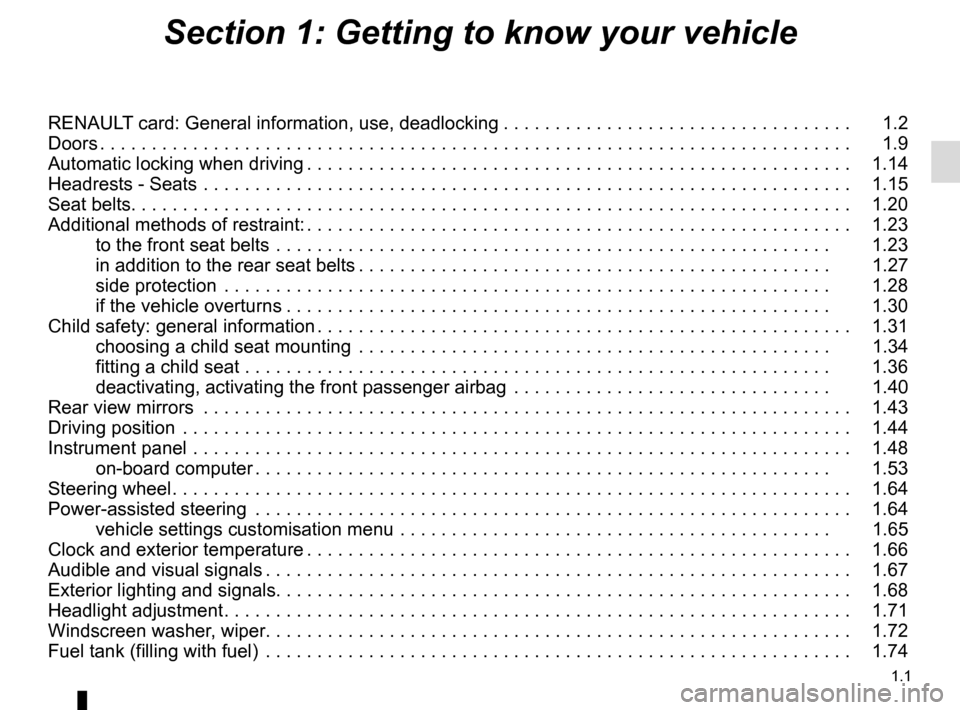 RENAULT MEGANE COUPE CABRIOLET 2015 X95 / 3.G Owners Manual 1.1
Section 1: Getting to know your vehicle
RENAULT card: General information, use, deadlocking . . . . . . . . . . . . . . . . . . . . . . . . . . . . . . . . . .   1.2
Doors . . . . . . . . . . . . 