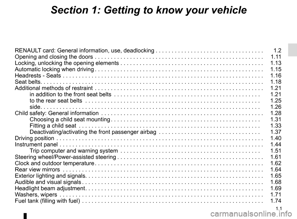 RENAULT CAPTUR 2016 1.G Owners Manual 1.1
Section 1: Getting to know your vehicle
RENAULT card: General information, use, deadlocking . . . . . . . . . . . . . . . . . . . . . . . . . . . . . . . . . .   1.2
Opening and closing the doors 