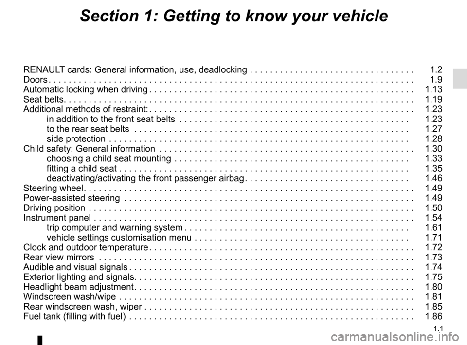 RENAULT GRAND SCENIC 2016 J95 / 3.G Owners Manual 1.1
Section 1: Getting to know your vehicle
RENAULT cards: General information, use, deadlocking . . . . . . . . . . . . . . . . . . . . . . . . . . . . . . . . .   1.2
Doors . . . . . . . . . . . . .