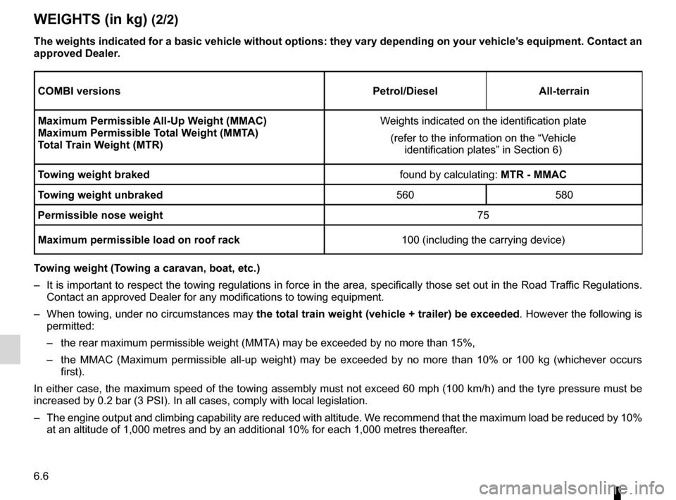 RENAULT KANGOO 2016 X61 / 2.G Owners Manual 6.6
ENG_UD14432_2
Masses (en kg) (X76 - Renault)
ENG_NU_854-2_X76LL_Renault_6
Weights (in kg) (2/2)
the weights indicated for a basic vehicle without options: they vary depending on your vehicle’s e
