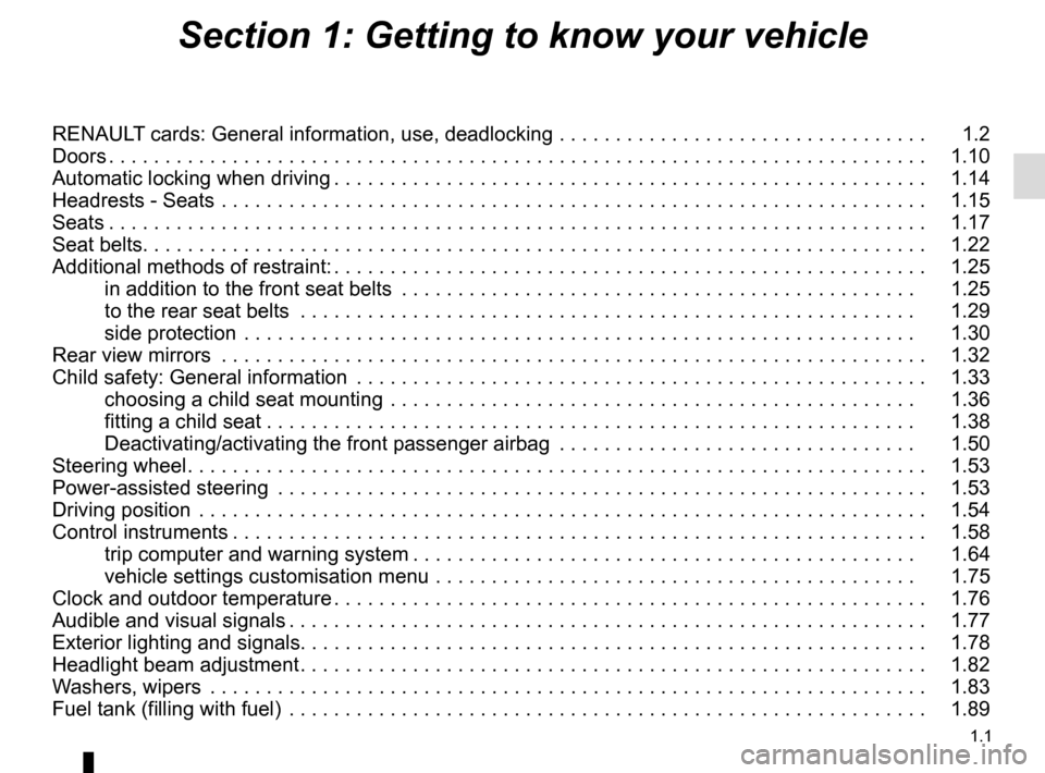 RENAULT MEGANE ESTATE 2016 X95 / 3.G Owners Manual 1.1
Section 1: Getting to know your vehicle
RENAULT cards: General information, use, deadlocking . . . . . . . . . . . . . . . . . . . . . . . . . . . . . . . . .   1.2
Doors . . . . . . . . . . . . .