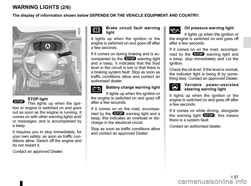 RENAULT TALISMAN 2016 1.G Owners Manual 1.57
WARNING LIGHTS (2/6)
®STOP light
This lights up when the igni-
tion or engine is switched on and goes 
out as soon as the engine is running. It 
comes on with other warning lights and/
or messag