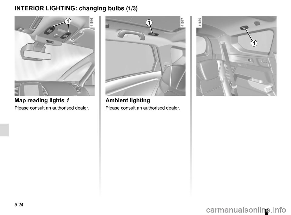 RENAULT SCENIC 2017 J95 / 3.G Owners Manual 5.24
INTERIOR LIGHTING: changing bulbs (1/3)
Map reading lights  1
Please consult an authorised dealer.
11
Ambient lighting
Please consult an authorised dealer.
1    