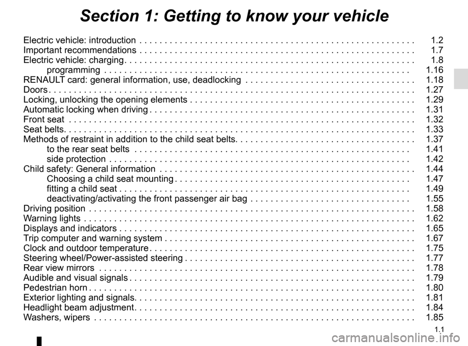 RENAULT ZOE 2017 1.G Owners Manual 1.1
Section 1: Getting to know your vehicle
Electric vehicle: introduction  . . . . . . . . . . . . . . . . . . . . . . . . . . . . . . . . . . . .\
 . . . . . . . . . . . . . . . . . . .   1.2
Import