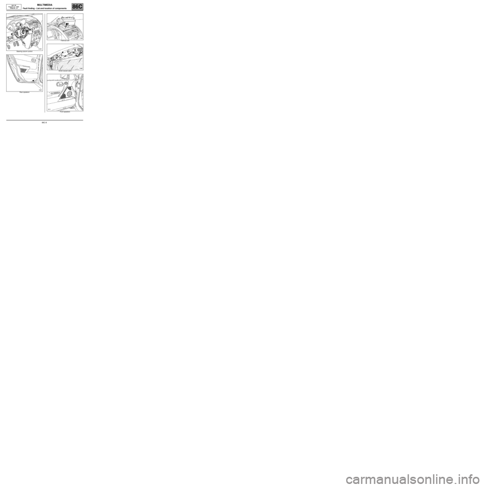 RENAULT SCENIC 2006 J84 / 2.G Multimedia Nav 4R Workshop Manual MULTIMEDIA
Fault finding - List and location of components86C
86C-8
NAV 4R
Program no.: 0000
Vdiag No.: 24
Fault finding - List and location of components
Steering column control
Rear speakersFold-out