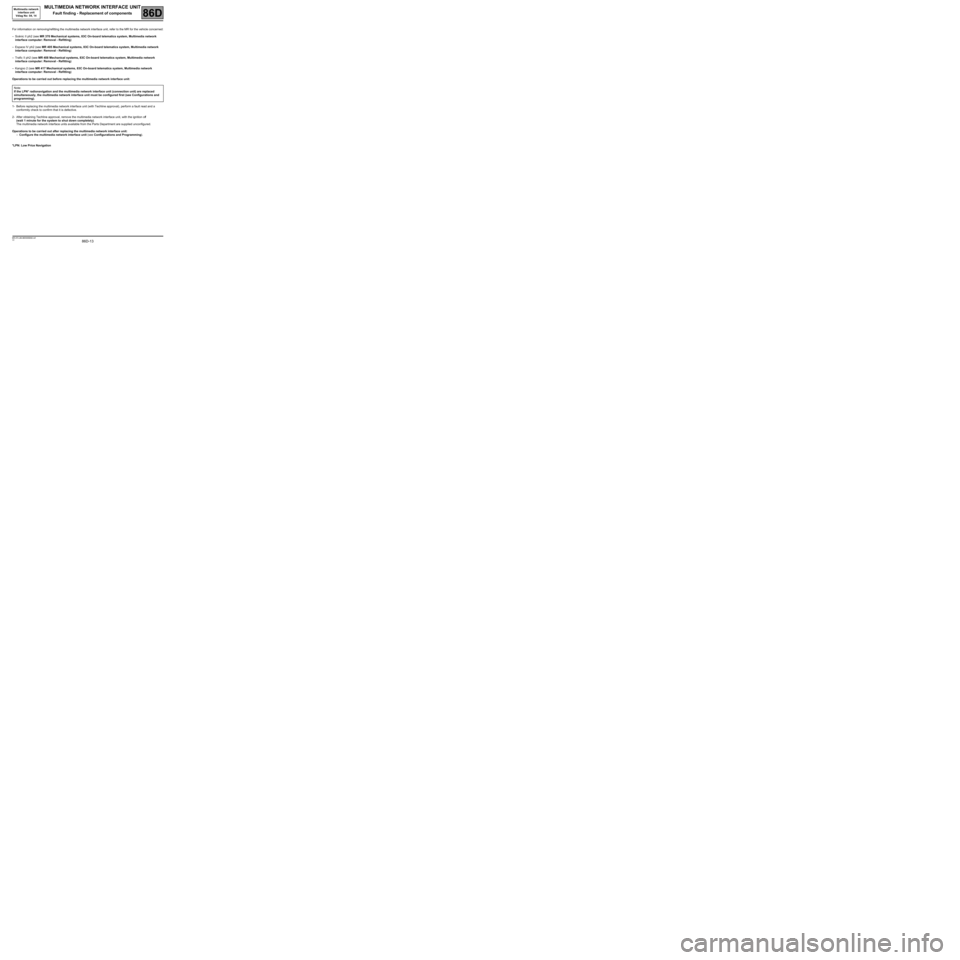 RENAULT SCENIC 2008 J84 / 2.G Electrical Equipment - Network Interface Unit Workshop Manual 86D-13
MR-372-J84-86D000$392.mif
V2
86D
MULTIMEDIA NETWORK INTERFACE UNIT
Fault finding - Replacement of components
For information on removing/refitting the multimedia network interface unit, refer t