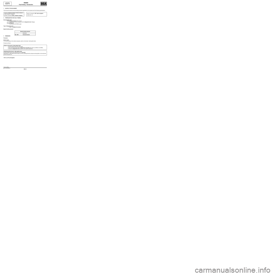 RENAULT SCENIC 2008 J84 / 2.G LPN Radio Workshop Manual 86A-2
MR-372-J84-86A050$059.mif
V3
86A
RADIO
Fault finding - Introduction
1. SCOPE OF THIS DOCUMENT
This document presents the fault finding procedure applicable to all computers with the following sp