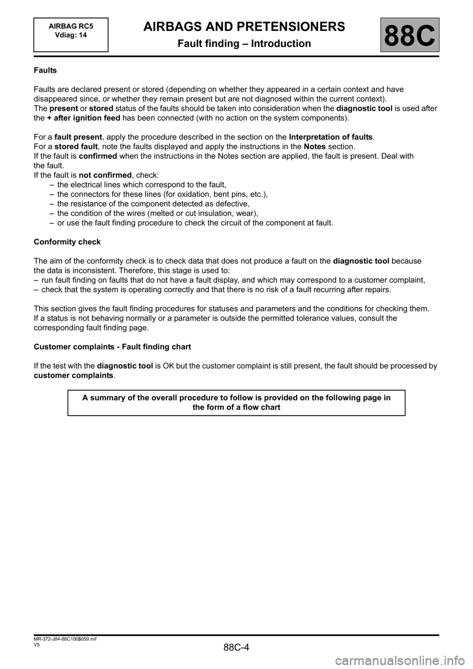 RENAULT SCENIC 2011 J95 / 3.G Air Bag RC5 - Seat Belt Pretensioners Workshop Manual 88C-4
MR-372-J84-88C100$059.mif
V5
AIRBAG RC5 
Vdiag: 14AIRBAGS AND PRETENSIONERS
Fault finding – Introduction88C
Faults
Faults are declared present or stored (depending on whether they appeared in 