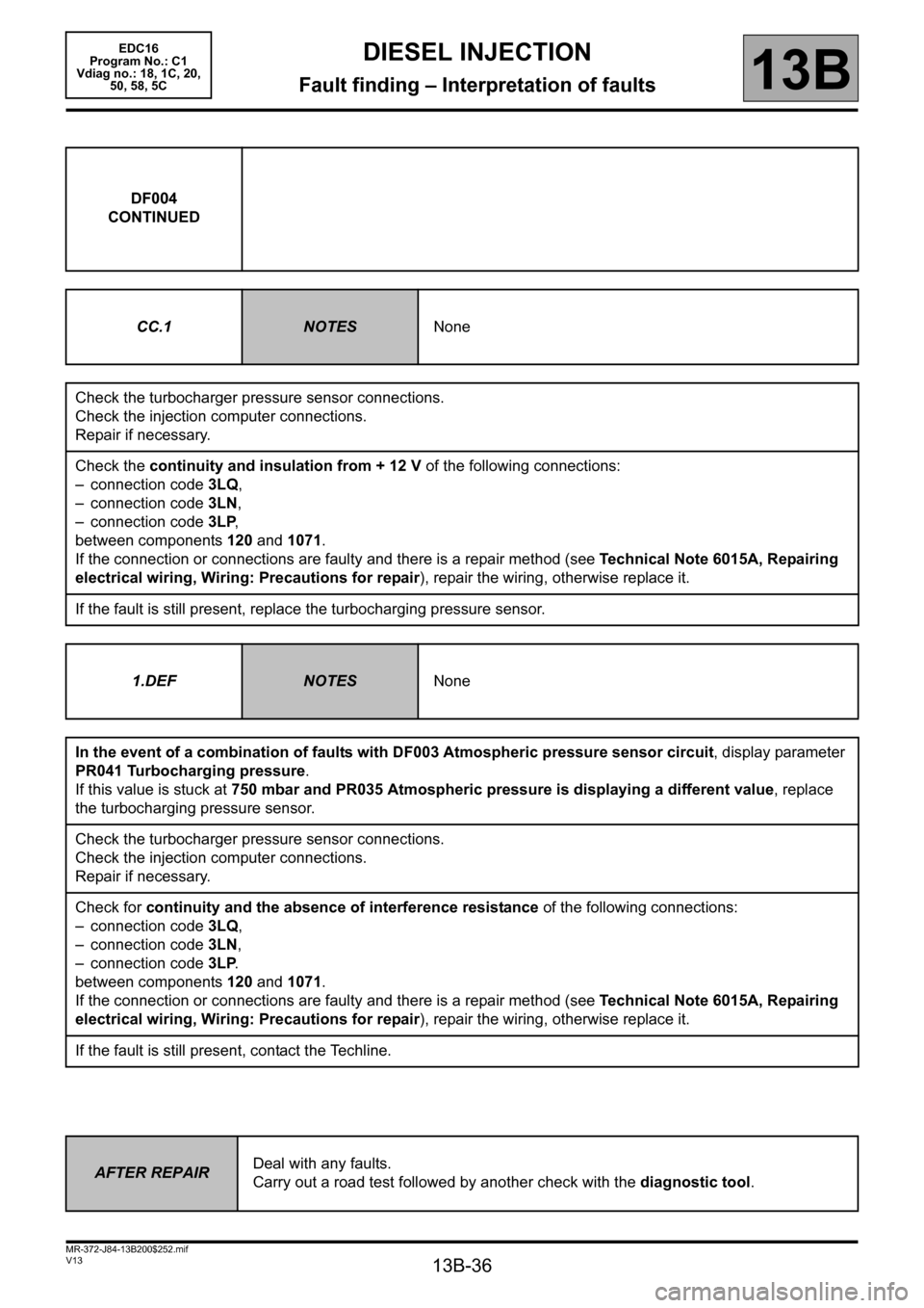 RENAULT SCENIC 2011 J95 / 3.G Engine And Peripherals EDC16 Workshop Manual 13B-36
MR-372-J84-13B200$252.mif
V13
DIESEL INJECTION
Fault finding – Interpretation of faults
EDC16  
Program No.: C1 
Vdiag no.: 18, 1C, 20,  
50, 58, 5C
13B
DF004
CONTINUED
CC.1
NOTESNone
Check t