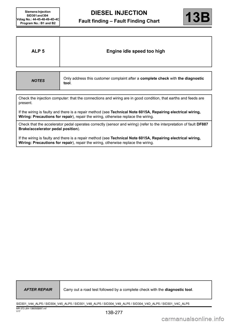 RENAULT SCENIC 2011 J95 / 3.G Engine And Peripherals Siemens Injection Workshop Manual 13B-277
MR-372-J84-13B050$897.mif
V17
DIESEL INJECTION
Fault finding – Fault Finding Chart
Siemens Injection  
SID301 and 304  
Vdiag No.: 44-45-48-49-4D-4C 
Program No.: B1 and B2
13B
ALP 5 Engine 