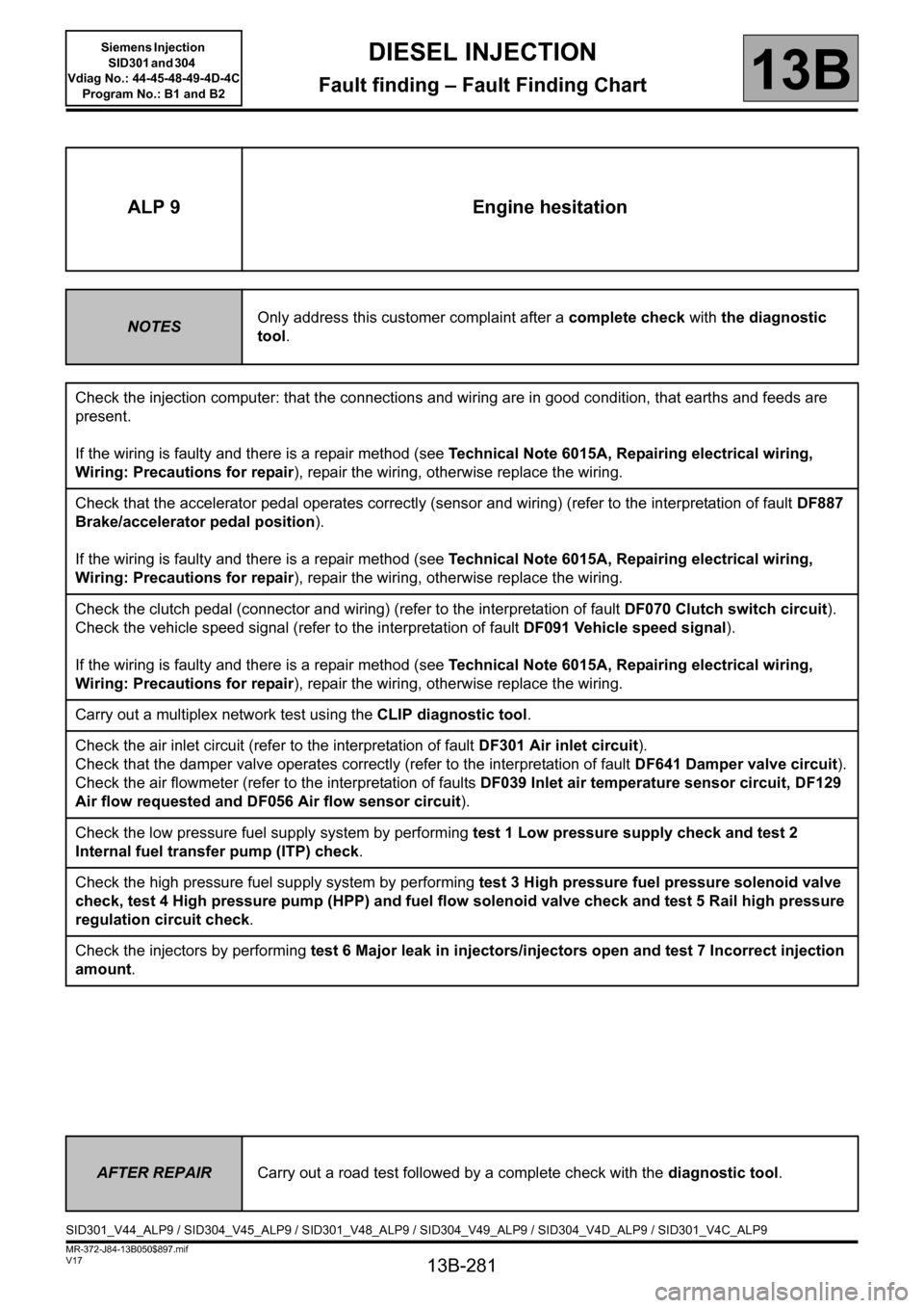 RENAULT SCENIC 2011 J95 / 3.G Engine And Peripherals Siemens Injection Workshop Manual 13B-281
MR-372-J84-13B050$897.mif
V17
DIESEL INJECTION
Fault finding – Fault Finding Chart
Siemens Injection  
SID301 and 304  
Vdiag No.: 44-45-48-49-4D-4C 
Program No.: B1 and B2
13B
ALP 9 Engine 