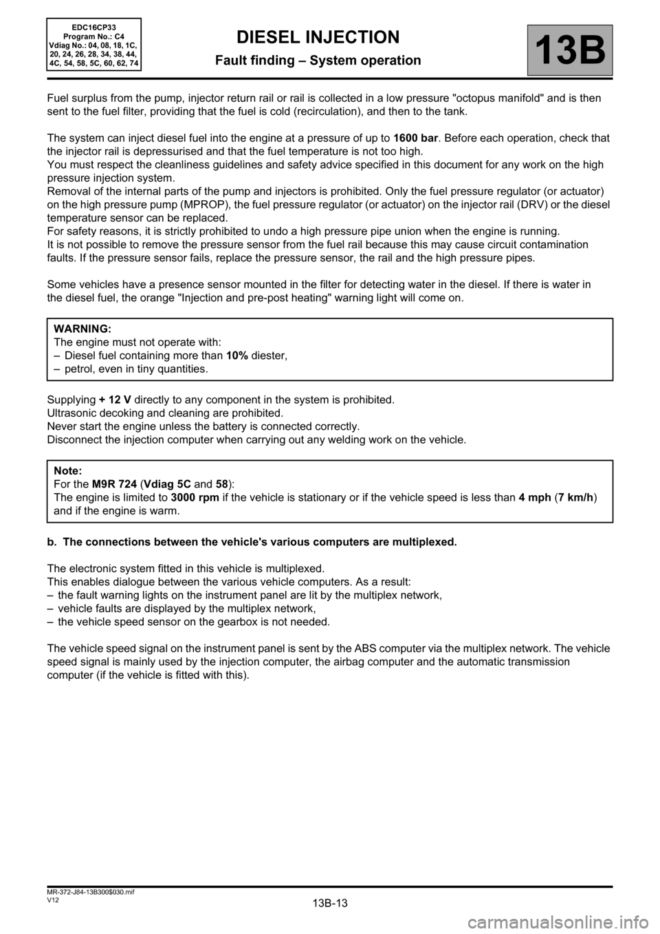 RENAULT SCENIC 2012 J95 / 3.G Engine And Peripherals EDC16CP33 Workshop Manual 13B-13V12 MR-372-J84-13B300$030.mif
DIESEL INJECTION
Fault finding – System operation13B
EDC16CP33
Program No.: C4
Vdiag No.: 04, 08, 18, 1C, 
20, 24, 26, 28, 34, 38, 44, 
4C, 54, 58, 5C, 60, 62, 74