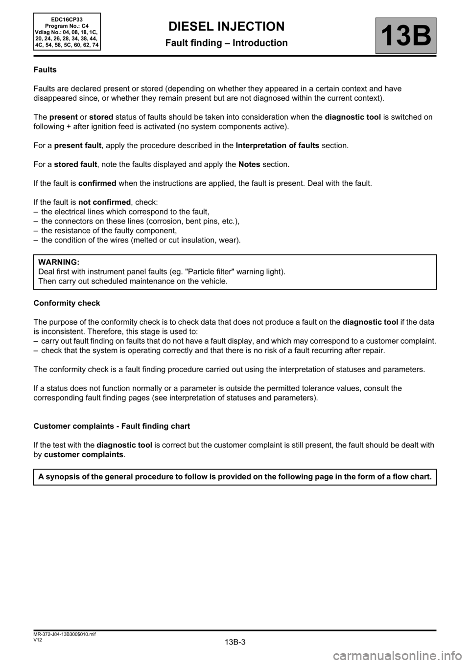 RENAULT SCENIC 2012 J95 / 3.G Engine And Peripherals EDC16CP33 Workshop Manual 13B-3V12 MR-372-J84-13B300$010.mif
DIESEL INJECTION
Fault finding – Introduction13B
EDC16CP33
Program No.: C4
Vdiag No.: 04, 08, 18, 1C, 
20, 24, 26, 28, 34, 38, 44, 
4C, 54, 58, 5C, 60, 62, 74
Faul