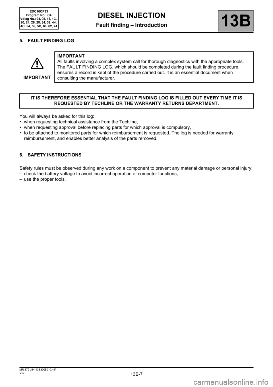 RENAULT SCENIC 2012 J95 / 3.G Engine And Peripherals EDC16CP33 Workshop Manual 13B-7V12 MR-372-J84-13B300$010.mif
DIESEL INJECTION
Fault finding – Introduction13B
EDC16CP33
Program No.: C4
Vdiag No.: 04, 08, 18, 1C, 
20, 24, 26, 28, 34, 38, 44, 
4C, 54, 58, 5C, 60, 62, 74
5. F
