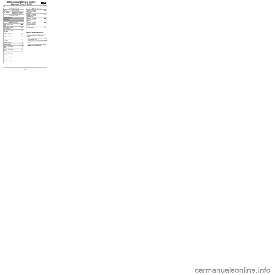 RENAULT TWINGO 2009 2.G Engine And Peripherals Workshop Manual 10A-6
ENGINE AND CYLINDER BLOCK ASSEMBLY
Lower cover: Removal - Refitting
K9K
10A
REMOVAL
I - REMOVAL PREPARATION OPERATION
aPosition the vehicle on a two-post lift (see Vehicle:
Towing and lifting) (