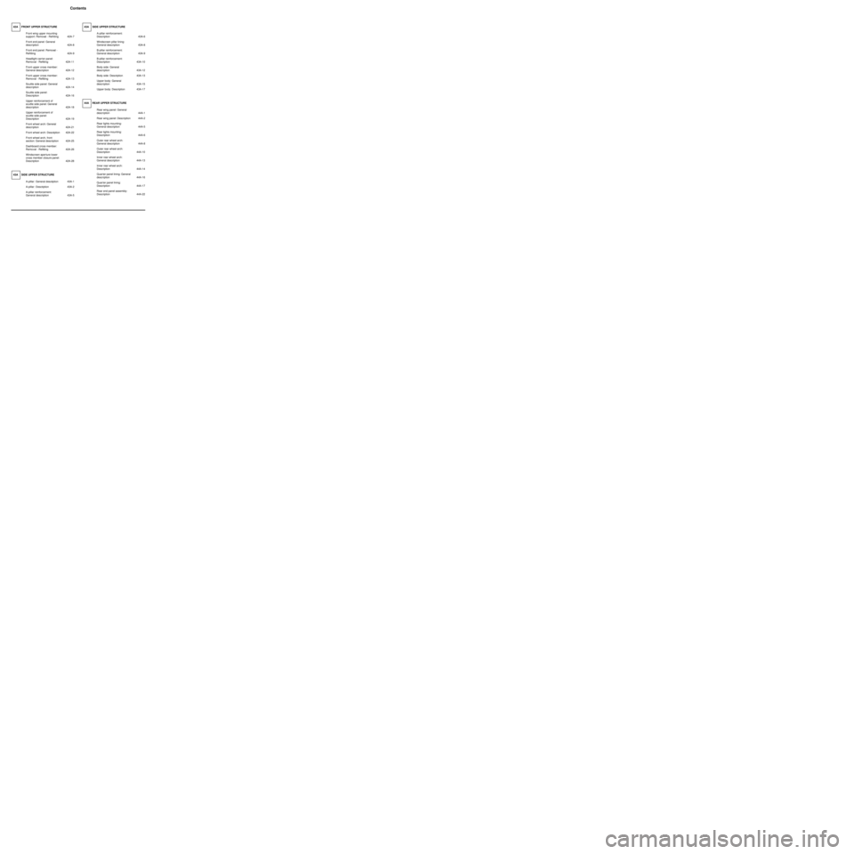 RENAULT TWINGO 2009 2.G Panelwork Workshop Manual Contents
Front wing upper mounting 
support: Removal - Reﬁ tting 42A-7
Front end panel: General 
descr iption 42A-8
Front end panel: Removal - 
Reﬁtting 42A-9
Headlight carrier panel: 
Removal - R