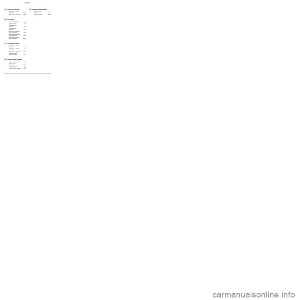 RENAULT TWINGO 2009 2.G Panelwork Workshop Manual Contents
Rear end panel: General 
descr iption 44A-24
Rear end panel: Description 44A-25
45A TOP OF BODY
Roof: General description 45A-1
Roof: Description 45A-2
Roof front section: 
Description 45A-6
