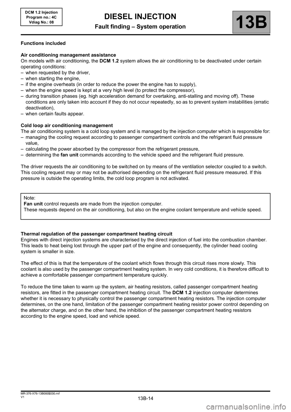 RENAULT KANGOO 2013 X61 / 2.G Diesel DCM 1.2 Injection Workshop Manual 13B-14V1 MR-376-X76-13B000$030.mif
DIESEL INJECTION
Fault finding – System operation13B
DCM 1.2 Injection
Program no.: 4C
Vdiag No.: 08
Functions included
Air conditioning management assistance
On m