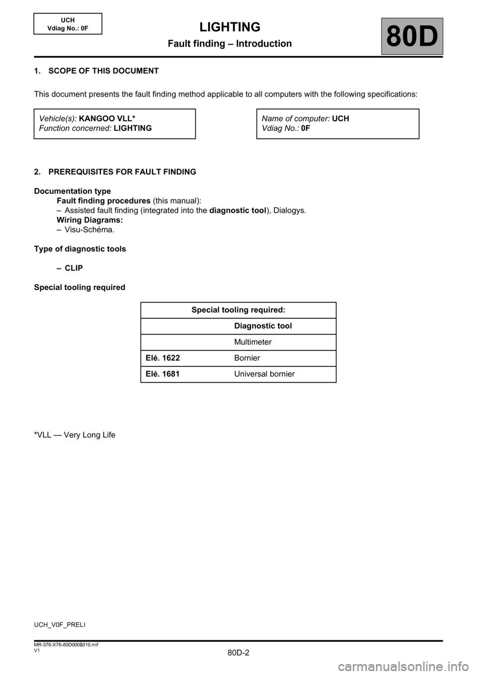 RENAULT KANGOO 2013 X61 / 2.G Lighting Workshop Manual 80D-2V1 MR-376-X76-80D000$010.mif
80D
UCH
Vdiag No.: 0F
1. SCOPE OF THIS DOCUMENT
This document presents the fault finding method applicable to all computers with the following specifications:
2. PRER