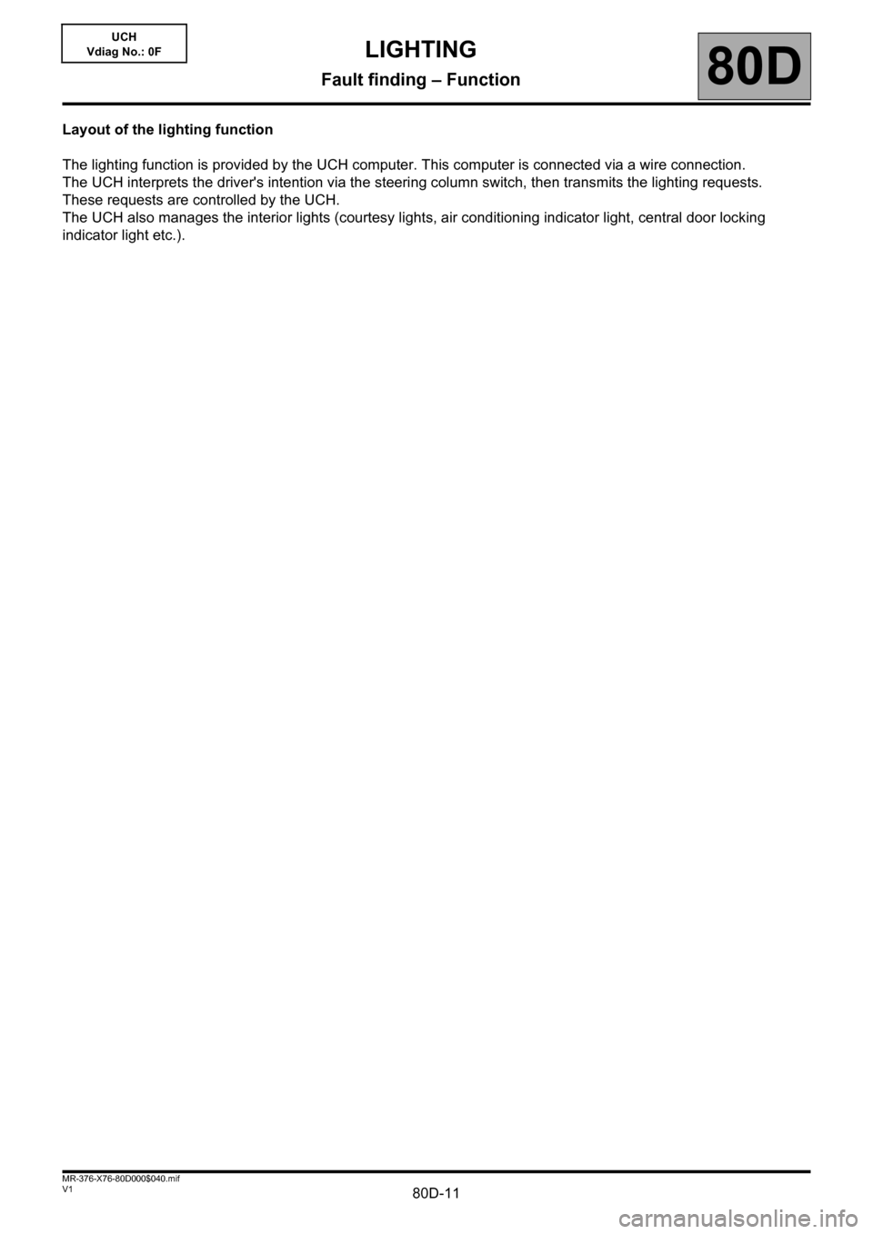 RENAULT KANGOO 2013 X61 / 2.G Lighting User Guide 80D-11V1 MR-376-X76-80D000$040.mif
80D
UCH
Vdiag No.: 0F
Layout of the lighting function
The lighting function is provided by the UCH computer. This computer is connected via a wire connection.
The UC