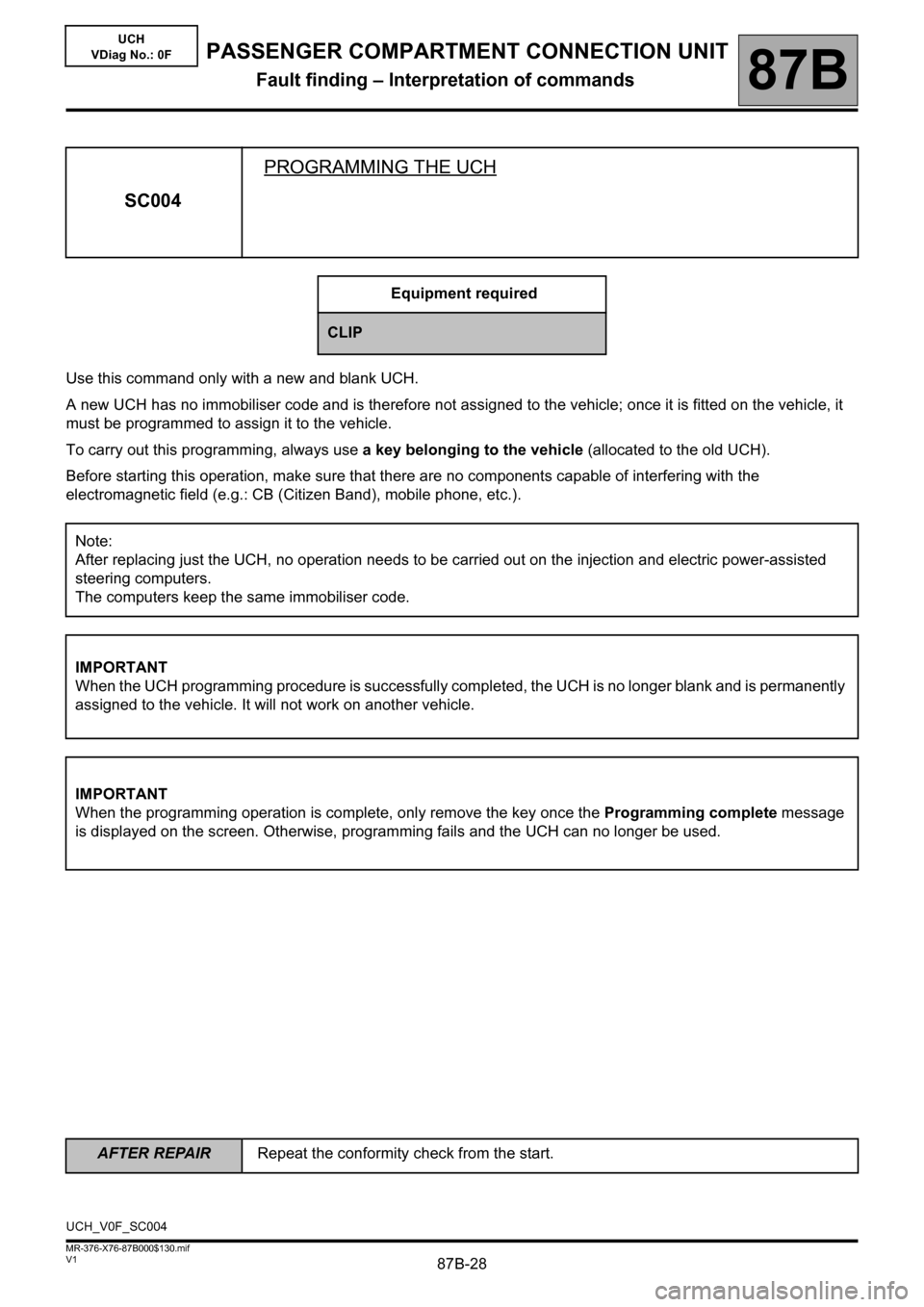 RENAULT KANGOO 2013 X61 / 2.G Passenger Comparment Connection Unit Owners Manual 87B-28
AFTER REPAIRRepeat the conformity check from the start.
V1 MR-376-X76-87B000$130.mif
PASSENGER COMPARTMENT CONNECTION UNIT
Fault finding – Interpretation of commands87B
UCH
VDiag No.: 0F
Use 