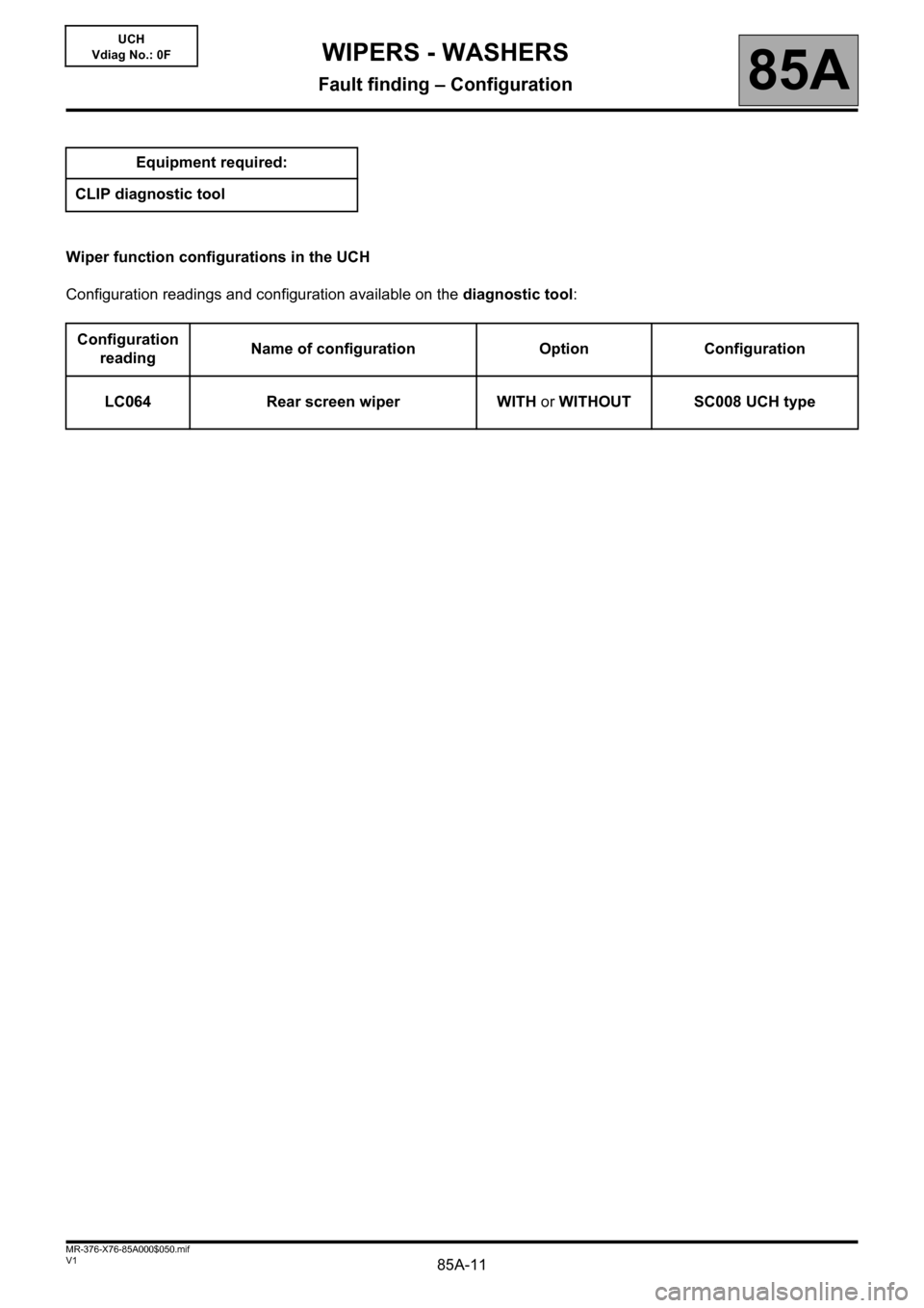 RENAULT KANGOO 2013 X61 / 2.G Wipers And Washers User Guide 85A-11V1 MR-376-X76-85A000$050.mif
85A
UCH
Vdiag No.: 0F
Wiper function configurations in the UCH
Configuration readings and configuration available on the diagnostic tool: Equipment required:
CLIP di