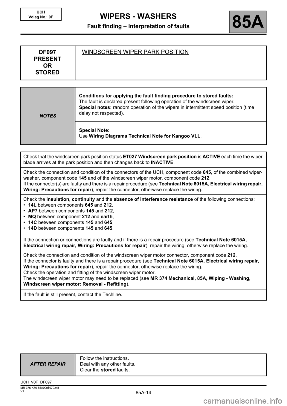 RENAULT KANGOO 2013 X61 / 2.G Wipers And Washers Workshop Manual 85A-14
AFTER REPAIRFollow the instructions.
Deal with any other faults.
Clear the stored faults.
V1 MR-376-X76-85A000$070.mif
WIPERS - WASHERS
Fault finding – Interpretation of faults85A
UCH
Vdiag N